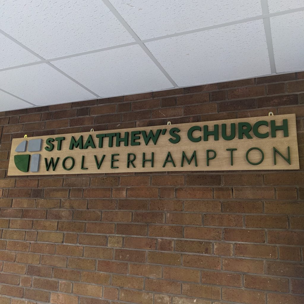 St Matthew's Church Wolverhampton 2023 3D printed logo sign in entrance