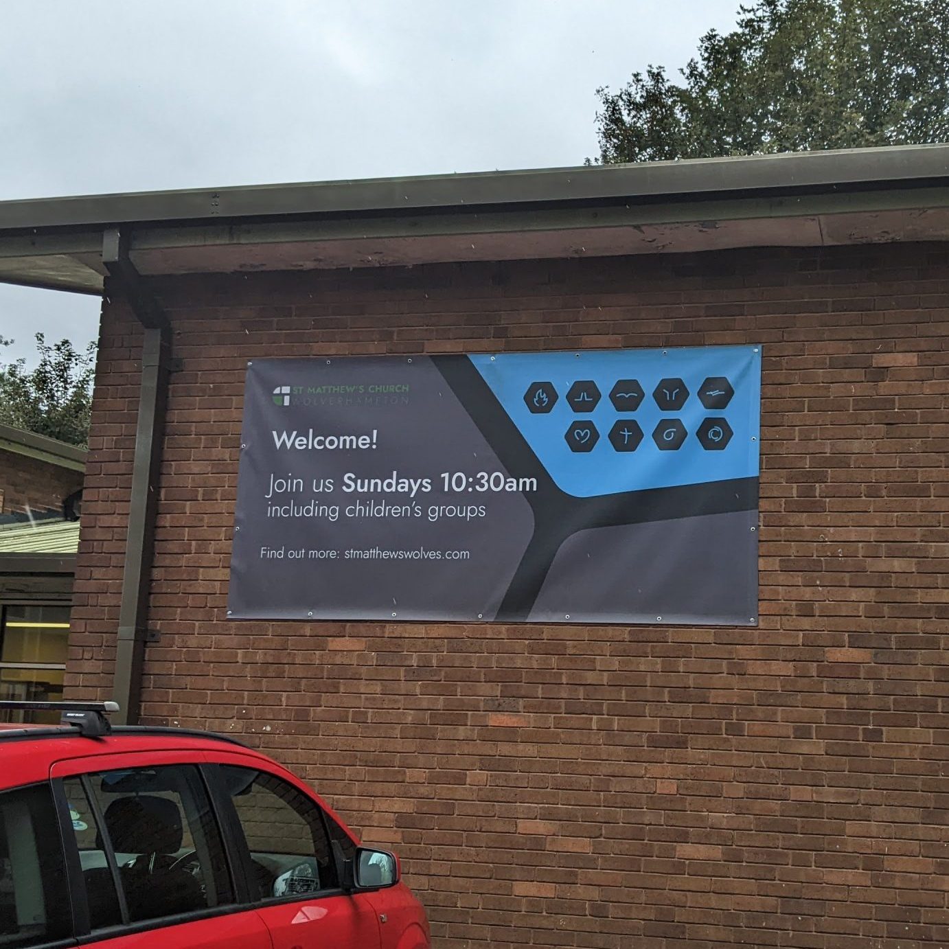 St Matthew's Church Wolverhampton 2023 blue banner external